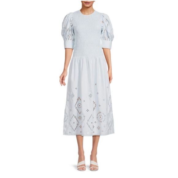 GANNI Broderie Anglaise Eyelet Cotton Midi Dress Light Blue Smocked Size 34 US 2 - Picture 1 of 12